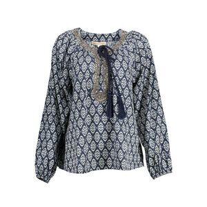 Kocca Geometric Print Blouse Long Sleeve Beaded Neck Top Women Blue Shirts